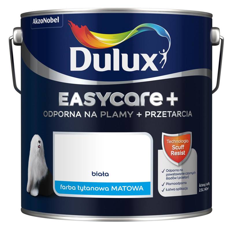 Farba do ścian i sufitów lateksowa Dulux EasyCare+ Plamy+Przetarcia Biała mat 2,5L