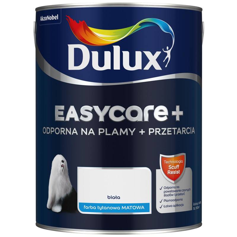 Farba do ścian i sufitów lateksowa Dulux EasyCare+ Plamy+Przetarcia Biała mat 5L