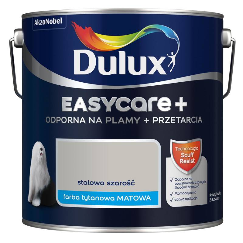 Farba do ścian i sufitów lateksowa Dulux EasyCare+ Plamy+Przetarcia Stalowa Szarość mat 2,5L
