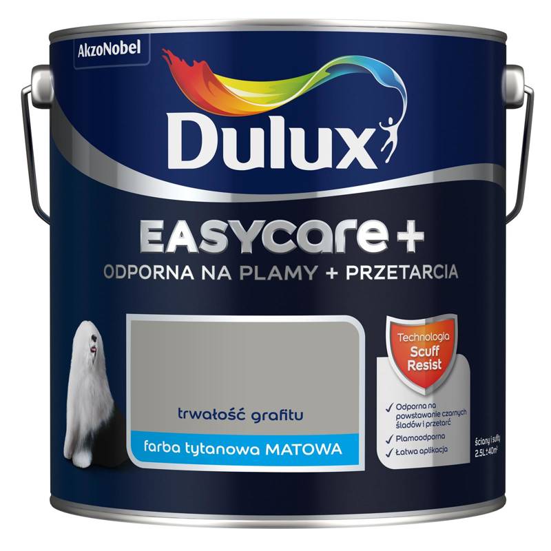 Farba do ścian i sufitów lateksowa Dulux EasyCare+ Plamy+Przetarcia Trwałość Grafitu mat 2,5L