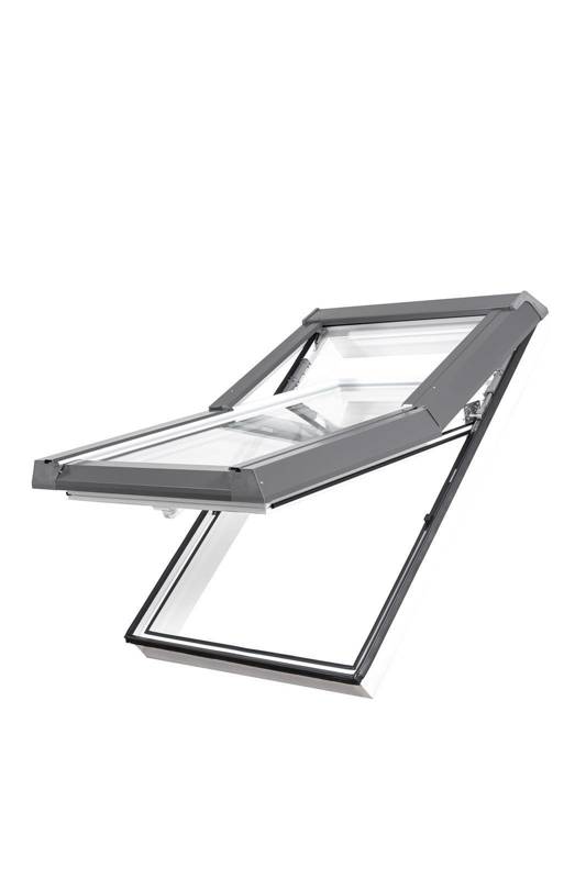 Okno dachowe SKYFENS SkyLight Premium 114x118 białe PVC oblachowanie szare